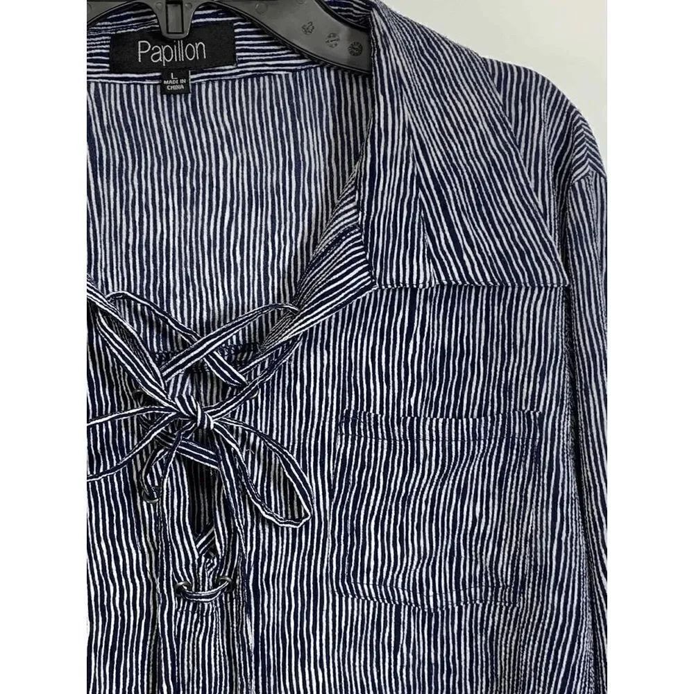 Papillon Women's Striped Lace-up Front Long Shirt Navy Size Large - Picture 8 of 11